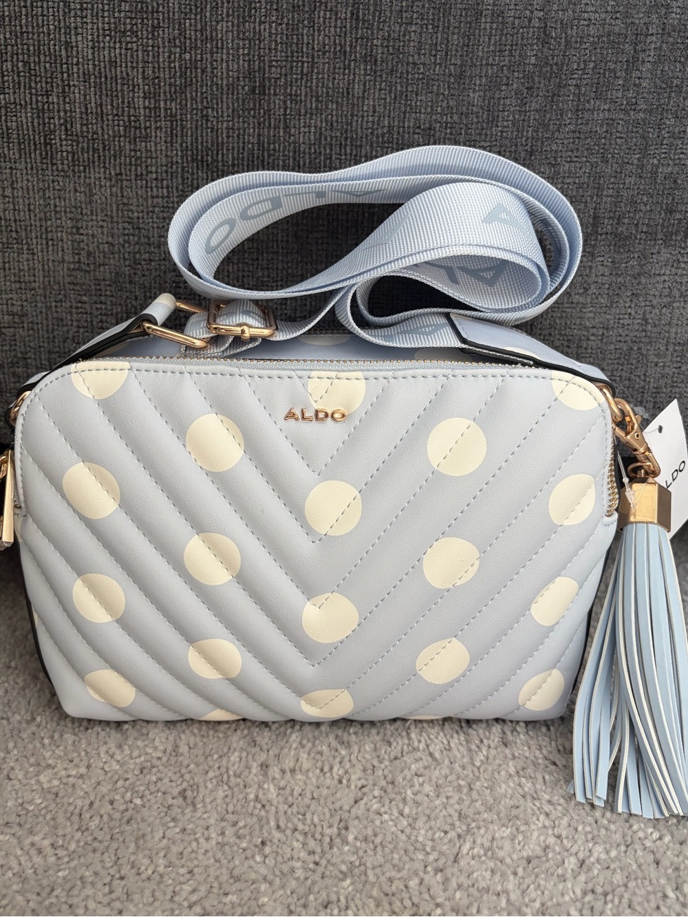 ALDO Light Blue w/White Polka Dots Crossbody Bag- Thick Strap NEW